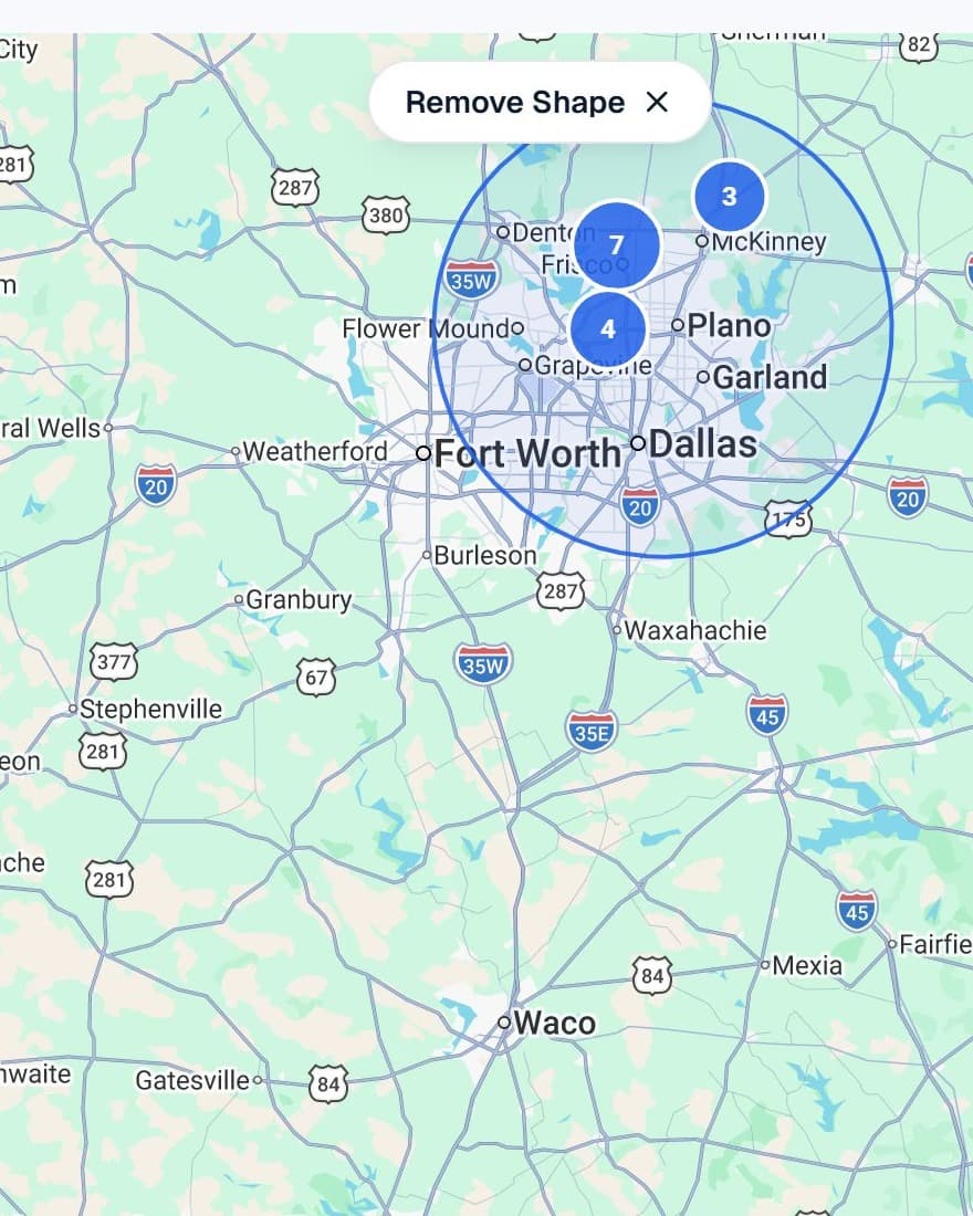 The marketplace map with a radius drawn around Dallas and Fort Worth, filtering the listings