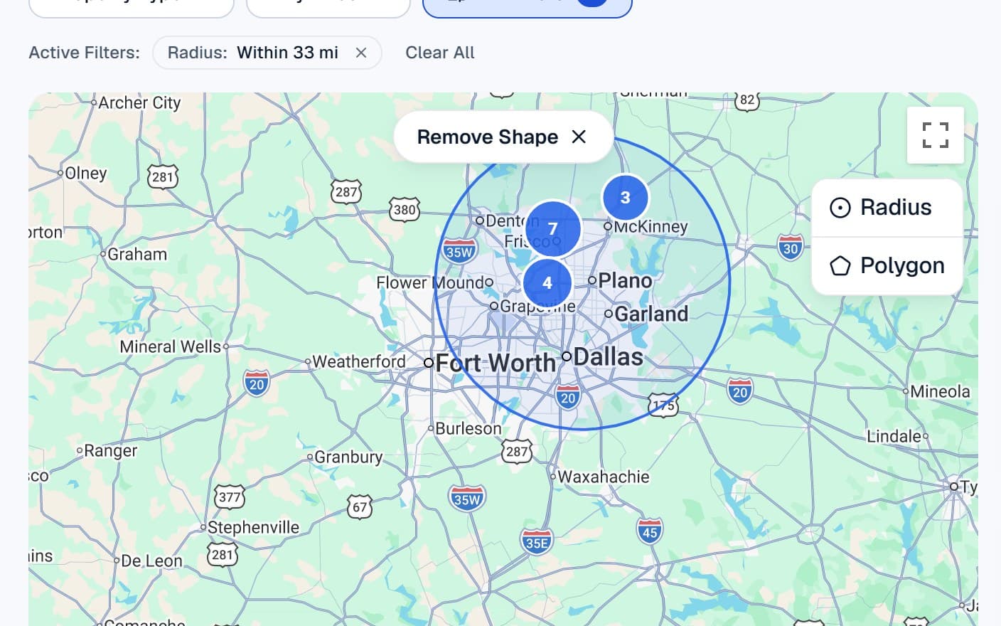 The marketplace map with a radius drawn around Dallas and Fort Worth, filtering the listings