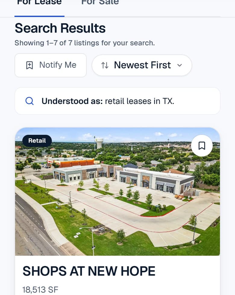 Search results for retail space in Texas, with the Notify Me button picked out