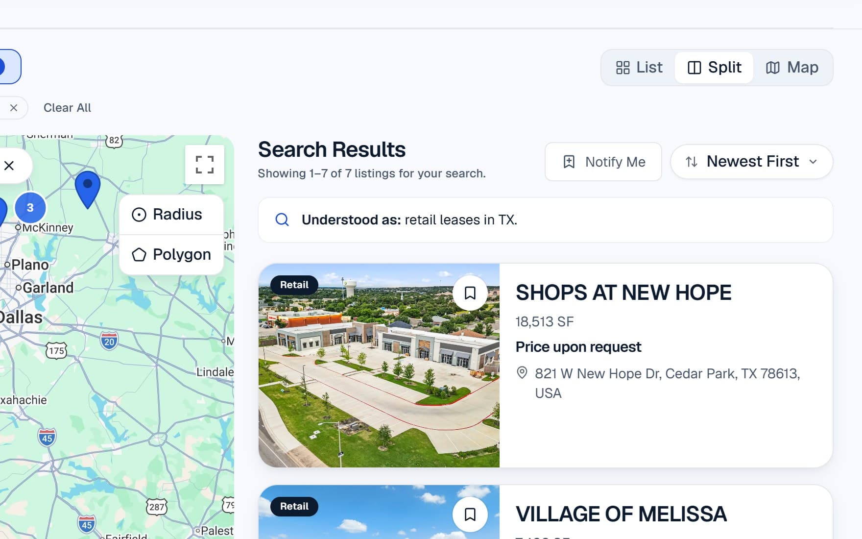 Search results for retail space in Texas, with the Notify Me button picked out